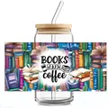 Detail of 16oz glass can with Books and Coffee print, bamboo lid and glass straw - Books and Coffee Style (QT749-4)