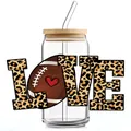 16oz glazen beker met panterprint LOVE design, bamboe deksel en glazen rietje - LOVE Luipaard Letters Voetbal (QT784-1)
