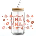 Detail of floral MAMA decal on 16oz glass cup with bamboo lid and glass straw - MAMA Art Word With Pink Orange Floral Style (QT742-6)