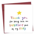 Detail of square greeting card with colorful text and deep red envelope for gifting - Important Part Of My Story Gratitude Style (QT779-4)