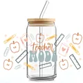 Detail of teacher MODE UV transfer sticker on 16oz glass can with bamboo lid and straw - Teacher Mode Apple Stationery Style (QT749-5)