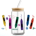 Detail view of colorful crayon UV DTF transfer on a 16oz glass can with bamboo lid - Colorful Crayon Doodle Style (QT749-6)
