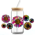 Detail van 16oz glas met zonnebloem luipaardpatronen en een bamboe deksel - Luipaard Zonnebloem Stijl (QT735-10)