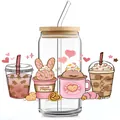 Verre de 16oz avec couvercle en bambou et paille orné d'autocollants UV café et desserts - Dessert Café Série Rose (QT763-4)