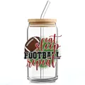 Détail de canette en verre 16oz avec couvercle en bambou et motifs de football US - Style Eat Sleep Football Repeat (QT754-3)