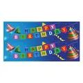 Flat design of Happy Birthday banner stickers with colorful party hats and confetti - Blue Balloon Flags Style (QT806-1)