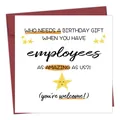 Funny square birthday card with envelope featuring humorous text and orange star accents - Employee Birthday Style (QT810-4)