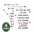 Macro detail of 4 white decorative wine bottle labels with romantic quotes and red hearts - Romantic Quotes Red Heart (QT796-5)
