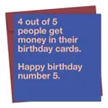 Close-up of a blue funny birthday card with humorous text and a matching dark red envelope - Blue Money Birthday Style (QT842-5)