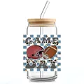 Close-up of glass can cup with bamboo lid and straw featuring Game Day football design - GAME DAY Leopard Football (QT784-12)