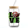 Close-up of 16oz glass can with bamboo lid and football themed UV DTF transfer sticker - LOVE Red Football Helmet (QT784-13)