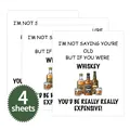 Detail showing 4 sheets of humorous whiskey bottle labels with creative quote typography - Old Whiskey Humorous Quote (QT796-8)