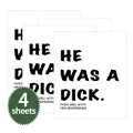 Detail of 4 funny divorce party wine labels reading HE WAS A DICK on white matte paper - New Beginnings Humorous (QT796-9)