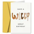 Funny birthday card with a yellow envelope featuring humorous willy-shaped typography - Cartoon Adult Humorous Birthday Style (QT883-3)