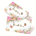 Floral thank you cards with pink roses and gold geometric lines on white cardstock - Rose and Butterfly Style (QT866)