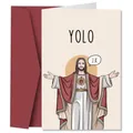Detailed view of YOLO funny greeting card with Jesus illustration and wine red envelope - Jesus Christ YOLO Style (QT885-9)