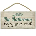 Rustiek houten badkamer muurbord met henneptouw en vintage bladmotief voor decor - Geniet Van Uw Bezoek (QT880-8)