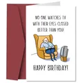 Detailed view of humor birthday card featuring an old man cartoon and a dark red envelope - Sleeping Man Illustration Style (QT885-13)