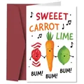 Macro view of funny greeting card featuring anthropomorphic carrot and lime illustrations - Pun Anthropomorphic Food Style (QT885-14)