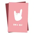 Funny pink birthday card featuring a white rock on hand gesture and burgundy envelope - Rock Gesture Style (QT933-1)