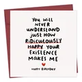 Funny square birthday card with handwritten text and a burgundy envelope set - Black Script Heart Style (QT884-8)