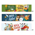 Detailed view of 15 back to school water bottle labels with diverse school illustrations - School Design (QT948-1)