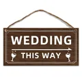 Rectangular dark brown wooden wedding sign with This Way arrow and rustic hemp rope - Wedding This Way Style (QT921-2)