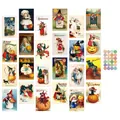Set di 24 cartoline di Halloween vintage con strega, zucca e gatto nero per pareti - Stile Illustrazione Halloween Retro (QT1013)
