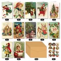 12er Set Vintage Weihnachtskarten mit Kraftpapier-Umschlägen und Verschlussaufklebern - Vintage Weihnachtsillustrationsstil (QT989-1)