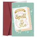 Funny 'You Put A Spell On Me' teal birthday card with book illustration and red envelope - Magic Book Style (QT943-3)