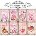 Set of 12 Valentine-themed wall decor cards with vintage watercolor pink illustrations - Retro Pink Romantic Theme (QT1179)