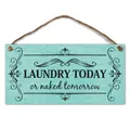 Blue rectangular wooden laundry room wall sign with rustic rope and funny typography - Aqua Blue (LAUNDRY TODAY)