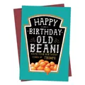 Funny teal Happy Birthday Old Bean card with dark red envelope for a humorous gift - Old Bean Birthday Tin Style (QT933-9)