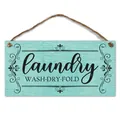Detail of light blue laundry wooden sign with rustic texture and hanging jute rope - Sky Blue (Laundry WASH·DRY·FOLD)