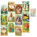 Set dettagliato di cartoline di Pasqua vintage con conigli pulcini e adesivi decorativi - Stile Illustrazione Retro 2 (QT1186-2)