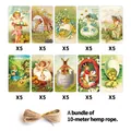 Detail of 50 vintage Easter gift tags in 10 designs with 10-meter natural hemp rope - Retro Easter Theme (QT1192)