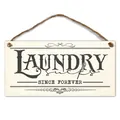 Detail of vintage wooden laundry room sign with rustic twine and decorative text - Off-White (LAUNDRY sucks)