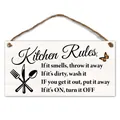 Kitchen Rules wooden sign with butterfly detail and rustic hanging rope for wall decor - Kitchen Rules Pattern (QT1095)