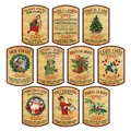Flat lay of vintage Christmas wine bottle labels with retro holiday illustrations - QT1061