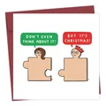 Humorvolle Weihnachtskarte mit Puzzle-Illustration und dunkelrotem Umschlag für Grüße - Puzzleteil Comic Stil (QT1030-4)