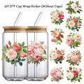 Lot de 9 autocollants UV DTF fête des mères pour tasses avec motifs roses et pivoines réalistes - Série Florale (QT1289)