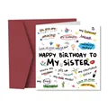 Biglietto di compleanno colorato per sorella con busta bordeaux e icone disegnate - Compleanno Sorella (QT1051-2)