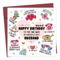 Front view of funny birthday card for husband with colorful hand-drawn icons and red envelope - Husband Birthday Style (QT1292-1)