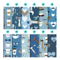 Macro detail of 12 vintage blue father's day scrapbooking sheets with bowties and tools - Gentleman Elements Style (QT1265-3)
