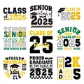 Detail view of 9 UV DTF graduation stickers featuring Class of 2025 motifs and caps - Black Gold Green Style (QT1299-1)