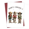 Lustige Weihnachtskarte mit Cowboy-Nussknackern und What's Crackin Text inklusive Umschlag - Cowboy Nussknacker Charaktere (QT1083-2)