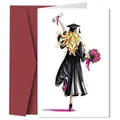 Détail de carte de remise de diplôme avec illustration stylée et enveloppe bordeaux - Diplômée Joyeuse Avec Bouquet (QT1316-5)