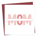 Detail view of Mom greeting card with leopard print text and matching deep red envelope - Square MOM Leopard Art (QT1271-12)