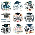 Set of 9 colorful graduation themed UV transfer stickers with caps and scrolls for cups - Multicolor Slogan Style (QT1299-2)