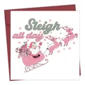 Lustige Weihnachtskarte mit 'Sleigh All Day' Text, rosa Schlitten und rotem Umschlag - Fliegender Weihnachtsmann (QT1083-14)